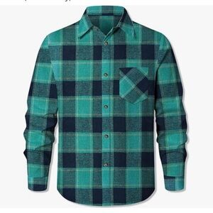 Cromoncent Plaid Flannel‎ Long Sleeve Button Down Shirt, Teal Navy, Size 4X